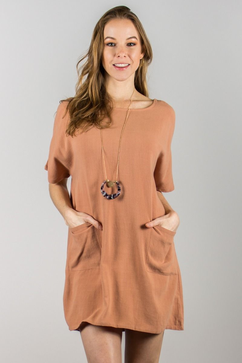 Linen Tunic Dress: Apricot and Natural ...