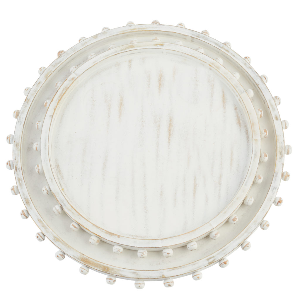 beaded wood tray set, round tray, round trays, tray set, tray sets, tray, trays, decorative tray, decorative trays, decorative tray for coffee table, distressed tray, home decor tray, organizing tray, tray decor, wood tray, wooden tray, wooden tray decor, white, white tray, cream, cream tray, decorative wooden tray,