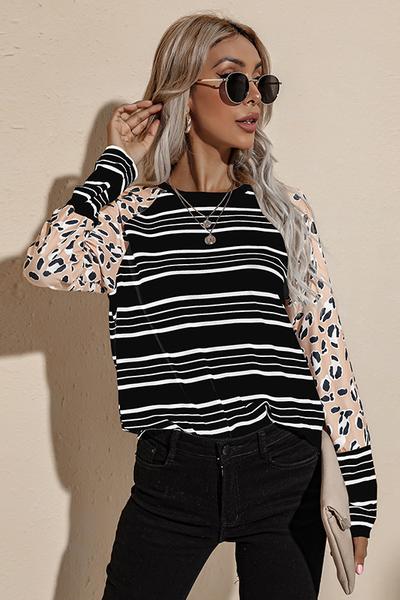 Leopard Tee: Women's Sleeve White & Light Striped ShirtPlatt Designs
