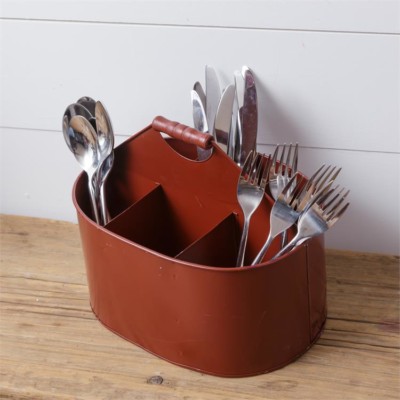 red tin silverware caddy, utensil caddy, silverware caddy, flatware caddy, utensil holder, kitchen utensil holder, silverware holder, cutlery holder, cutlery caddy, utensil organizer, utensil crock, red, red utensil holder, tin, tin utensil holder, metal, metal utensil holder