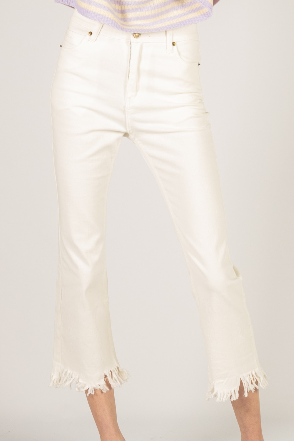 White Fringe Straight Leg Capris: Women's White Cotton Capri