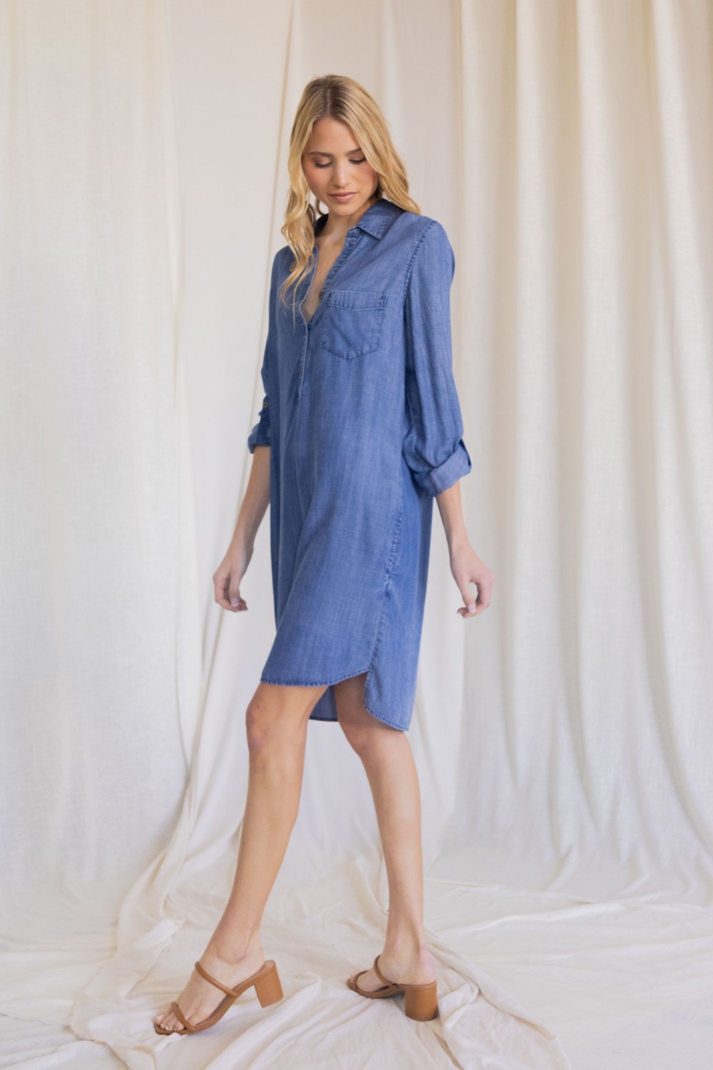 Blue Tencel Dress With Convertible Sleeve: Women's Casual T-Shirt  DressPlatt Designs